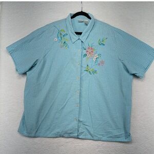 Koret Francisca‎ Womens Turquoise Gingham Embroidered Floral Short Sleeve  28W